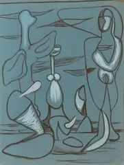 Figures, juillet 1936 by Wolfgang Paalen, Gouache et fusain sur papier bleu, sold Dec 2024