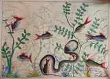 Serpent et poissons by Jean-Bosco Kamba, Gouache sur panneau, sold Jul 2024
