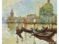 Venedig – Blick auf die Punta Della Dogana by E. Mondi, oil on canvas, sold Dec 2025