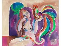 Frau und Hahn by Rakan Dabdoub, acrylic, offered Dec 2021