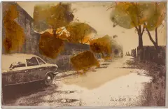 In Oelper scheperts (Braunschweiger Landschaft mit Käsebäumen) by Dieter Roth, 1973, Klarsichthüllle mit Schmelzkäse über Farboffset auf festem Papier, sold Sep 2024