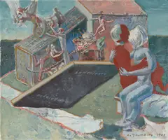 bodenleere rodelebene by André Thomkins, 1985, Öl und Tempera auf Leinwand, sold Oct 2023