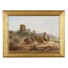 A Covey of Gray Partridge by Lynn Bogue Hunt, Oil on canvas (lined), sold Aug 2024