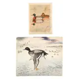 Two Early Unframed Watercolor Paintings by Duane Raver Jr., Each a watercolor on paper; includes an image of two mallards, sold Aug 2024