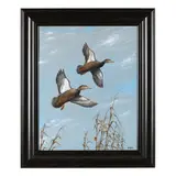 Pair of Black Ducks in Flight by Lee Mauney, Oil on canvas, sold Aug 2024