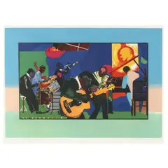 Jamming at the Savoy by Romare Bearden, Etching and aquatint in colors, sold Jul 2024