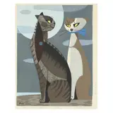 Cats in the Moonlight by Tomo Inagaki, Woodcut print in colors, sold Jul 2024