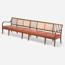 Bench by Frits Henningsen, c. 1940, mahogany, caning, leather, tacks, sold Nov 2022