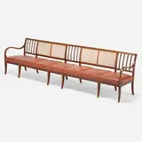 Bench by Frits Henningsen, c. 1940, mahogany, caning, leather, tacks, sold Nov 2022