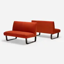 Settees, pair by Edward Wormley, c. 1947, upholstery, lacquered and laminated mahogany, sold Oct 2022