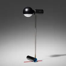 Table lamp by Gerrit Rietveld, enameled steel, stainless steel, lacquered wood, enameled glass, glass, sold Oct 2022