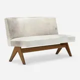 Public bench from High Court, Chandigarh by Pierre Jeanneret, c. 1959, teak, hide, sold Oct 2022