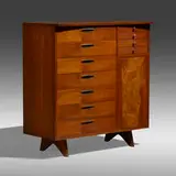 Origins cabinet, model 214 by George Nakashima, c. 1958, walnut, Carpathian elm, brass, sold Oct 2022