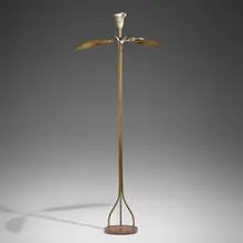Floor lamp by Angelo Lelii, c. 1951, hammered brass, enameled brass, terrazzo, sold Oct 2022