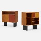 Cabinets from the Antony Building, Strasbourg, pair by Escande, c. 1950, oak, ash, perforated and enameled steel, sold Oct 2022