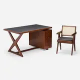 Desk and Office Cane chair from Chandigarh by Pierre Jeanneret, c. 1955/60, teak, leather, aluminum, sold Oct 2022