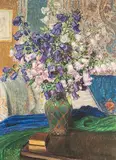 Stillleben mit Glockenblumen in Interieur, 1919 by Henri Marcel Robert, oil, sold Jun 2019
