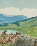 Blick über die Dächer einer Ortschaft auf einen See und eine Gebirgskette by Clara Porges, oil on canvas, sold Jun 2019
