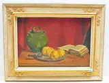 Stillleben mit Äpfeln, Tonkrug und Buch by Hans Gartmeier, oil on canvas, offered Jun 2019