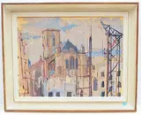 Baukräne vor einem gotischen Kirchenportal by Fritz Hug, oil on board, offered Jun 2019