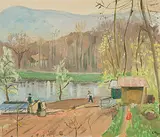Schrebergarten am Flussufer, 1947 by Ernst Morgenthaler, oil on canvas, sold Jun 2019