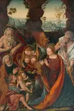 Piemontesischer Nachfolger um 1560/70 Maria und Josef verehren das von Engeln gehaltene Jesuskind, dahinter der Heilige Hieronymus und ein Gläubiger by Gaudenzio Ferrari, oil on panel, sold Mar 2019