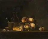 Umkreis Stilleben mit Pfirsichen, Brot, Tasse und Glaskaraffe by Henri-Horace Roland Delaporte, oil on canvas, offered Mar 2019