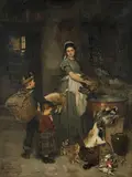 Kinder überbringen der Magd einen erlegten Hasen by Heinrich Weber, oil on canvas, sold Mar 2019