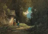 Mutter und Tochter bei der Waldkapelle, im Hintergrund ein Mönch by Willy Moralt, oil on panel, sold Mar 2019