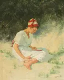 Lesende in den Dünen by Hermann Seeger, oil on canvas, sold Mar 2019