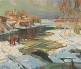 Winterliches russisches Dorf in der Abendsonne by Georges Alexandrovitsch Lapchine, oil on canvas, sold Mar 2019