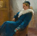 Bildnis der Frau des Künstlers by Aleksey Motorin, 1958, oil on board, offered Mar 2019