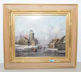 Gefrorener Kanal mit Schlittschuhläufern by Carl Eduard Ahrendts, oil on panel, sold Mar 2019