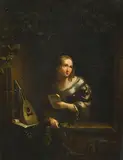 Nachfolger Junge Dame mit Brief und Laute by Willem van Mieris, oil on canvas, sold Mar 2019
