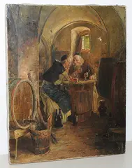 Zwei Mönche im Weinkeller in ein Gespräch vertieft by Ernst Nowak, oil on canvas, sold Mar 2019