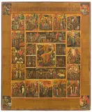 Russisch, um 1800 by Grosse Festtagsikone mit Passionszyklus, tempera, offered Mar 2019
