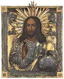 Russisch, 19.Jh by Christus Pantokrator mit vergoldetem Silberoklad, tempera, sold Mar 2019