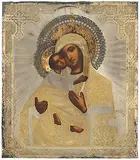 Russisch, Ende 19.Jh by Gottesmutter von Wladimir mit vergoldetem Silberoklad, tempera, sold Mar 2019