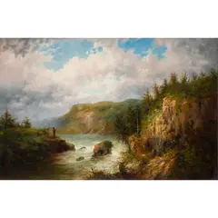 Untitled (Hudson River Scene with Fisherman) by William Charles Anthony Frerichs, oil on canvas, sold May 2023