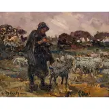 Woman with Dog and Sheep by Jules Eugene Pages, oil on board, sold Jun 2023