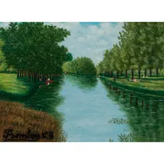 Les Chaloupes sur la Riviere by Camille Bombois, oil on canvas, sold Jun 2023