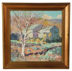 Autumn landscape with barn by Arthur Schwieder, oil on board, sold Mar 2026