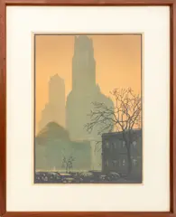 The Woolworth Building from City Hall by Émile Antoine Verpilleux, 1929, Woodcut in Colors on Paper, sold Dec 2024
