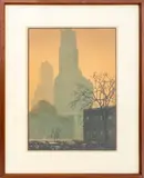 The Woolworth Building from City Hall by Émile Antoine Verpilleux, 1929, Woodcut in Colors on Paper, sold Dec 2024