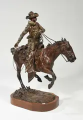 Untitled by Daro Flood, bronze cowboy on horseback, sold Sep 2020