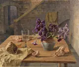 Still life with flowers and skull by Evan Charlton, Oil and tempera on board Apparently unsigned, sold Aug 2021
