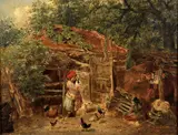 The farm yard- young girl holding a rabbit by W. S. P. Henderson, Oil on artist board, sold Aug 2021