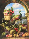 Majestic peacock surrounded by fruit and flowers by Herbert Pickenhagen, Oil on canvas, sold Aug 2021