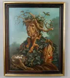 Portrait of John Burrows 1970- after Archimboldo Oil on canvas Signed, inscribed variously to reverse 75.5 x 61cm (29½ x 24 in.) Annotated by Martin Newell, Oil on canvas, offered Aug 2021