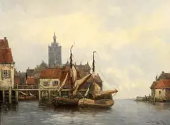 A pair of canal views with moored sailing barges by Jan van Couver, Oil on canvas Both signed, sold Aug 2021